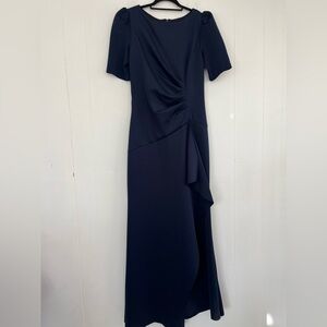 Xscape Faux Wrap Elegant Navy Blue Puff Sleeves Women's Evening Dress Gown